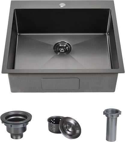 Friho 25x22 Inch Black Drop In Kitchen Sink, Stainless Steel Square RV Laundry Utility Sink, 25 Inch Topmount Deep Small Single Bowl Kitchen Sink