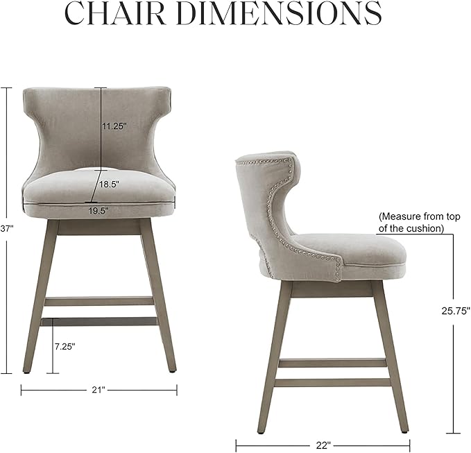 Madison Park Emmett Swivel Stool-Chic Modern, Scoop Back, Counter Height Barstool, Kitchen Island Chair Solid Wood Legs, Silver Nailhead Accent, Assembly Required, 21" W x 22" D x 37" H, Light Grey