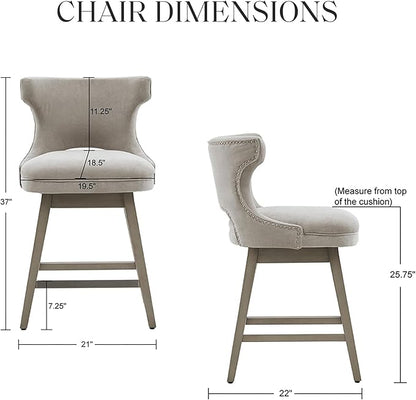 Madison Park Emmett Swivel Stool-Chic Modern, Scoop Back, Counter Height Barstool, Kitchen Island Chair Solid Wood Legs, Silver Nailhead Accent, Assembly Required, 21" W x 22" D x 37" H, Light Grey