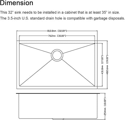 Darker Black 32x19 Inch Undermount Kitchen Sink - CELAENO Modern 16 Gauge Extremely Durable Single Bowl Stainless Steel Sink with Anti-scratches Nano Surface