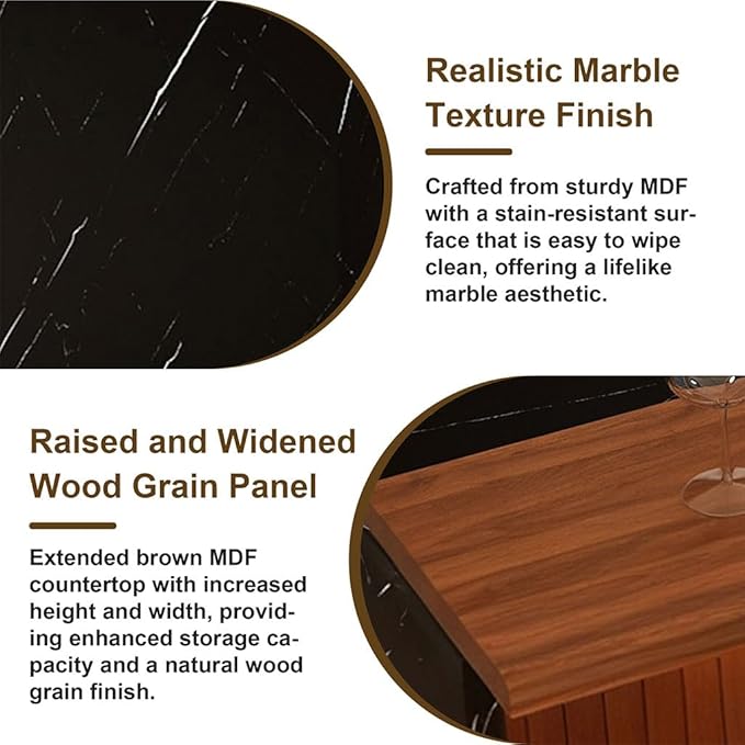 63" Large Imitation Marble Dining Table with LED Lights, Modern Kitchen Island Table for 4–6 People, Bar Height Dining Table with Marble Stripes & Grille Base Design,Black