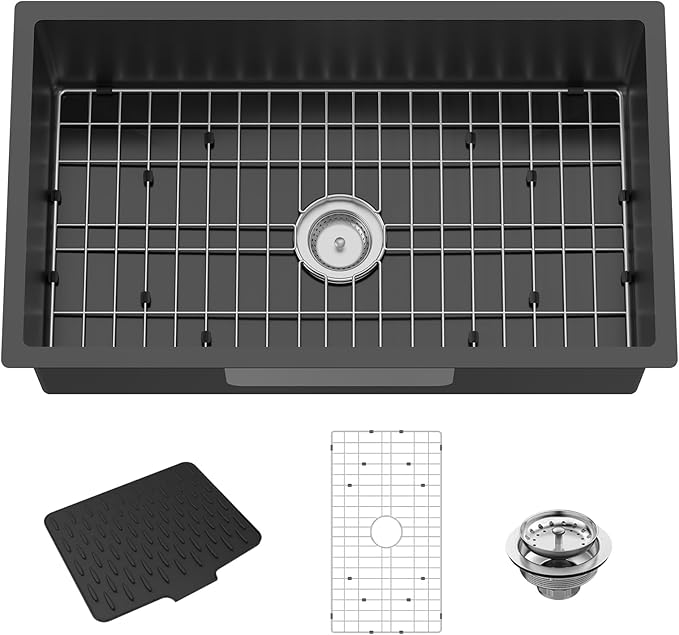 Black 31x18 Inch Undermount Kitchen Sink-Stainless Steel Single Bowl Drop In Kitchen Sink Stylish And Modern Look With Bottom Grid,Silicon Mat And Drain Assembly Add Elegance & Enhance Usability
