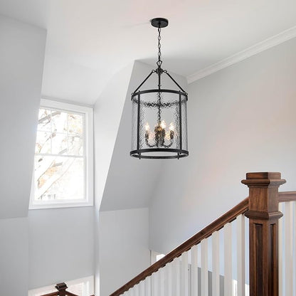 Lingkai Modern Black Chandelier, 4-Light Water Ripple Glass Light Fixture, Lantern Farmhouse Chandeliers for Dining Room, Living Room, Foyer