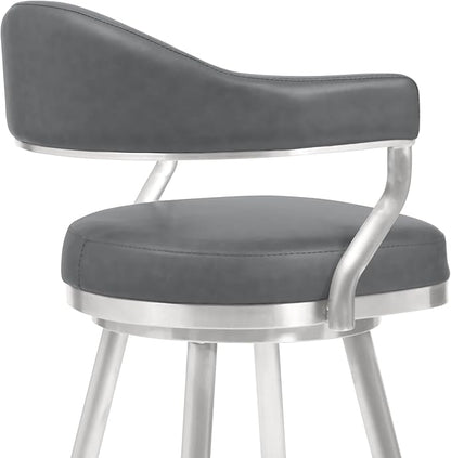 Armen Living Justin Modern Farmhouse 26" Seat Height Swivel Vintage Gray Faux Leather Bar Stool with Brushed Stainless Steel Legs for Kitchen Island Counter