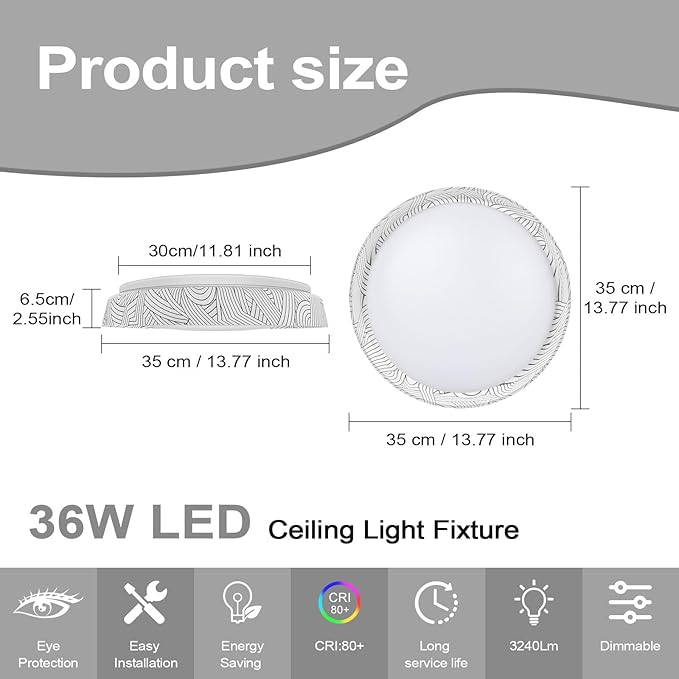 VIPMOON 13"/36W Flush Mount LED Ceiling Light, Super Bright 3000K-6000K 5CCT Energy Saving LED Light Fixture for Bathroom Office Garage Kitchen Hallway Balcony Study Room Porch Stairwell Laundry Room