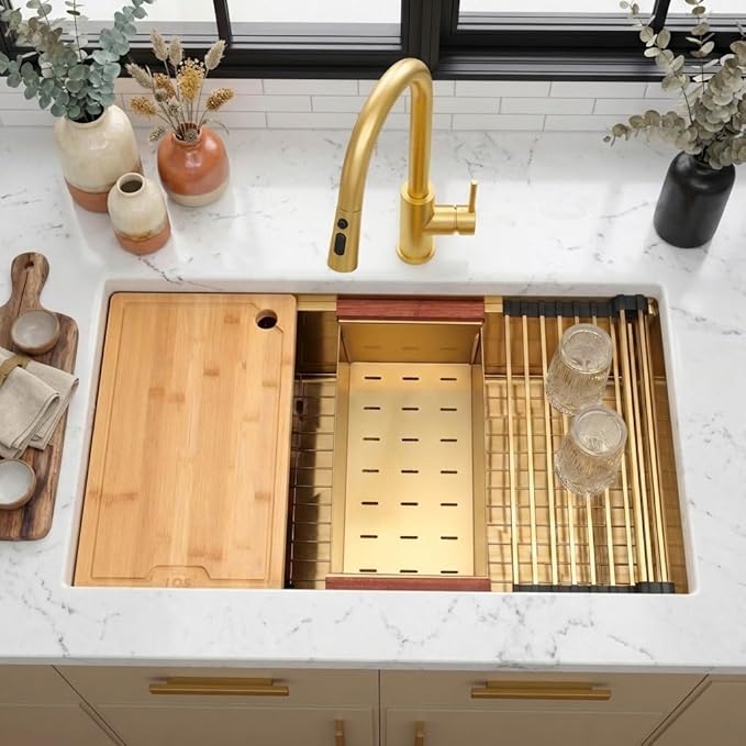 LQS Gold Kitchen Sink, 32 Inch Gold Undermount Kitchen Sink, 32” x 19" Stainless Steel 16 Gauge Kitchen Sinks with Pratical Accessories For Luxury Kitchens, Round Corner and X Drain Line