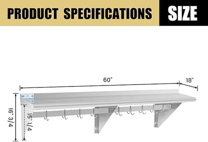 Hally Stainless Steel Shelf with 9 Hooks 18" x 60" Wall Mounted Pot Rack 450lb, NSF Commercial Floating Shelving for Storage Hanging Pots, Pans, cookware in Restaurant, Kitchen, Home and Hotel