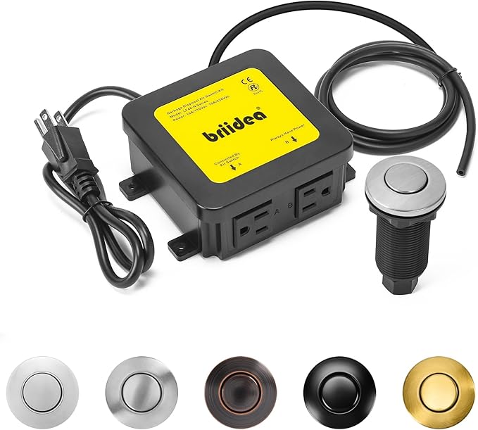 Garbage Disposal Air Switch Kit Dual Outlet Sink Top Waste Disposal Long Stainless Steel Brushed Nickel On/Off Air Button Food and Waste Disposals Part by Briidea, UL Listed
