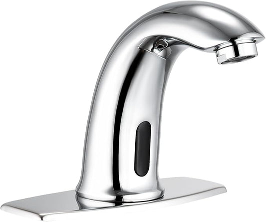 Automatic Touchless Bathroom Sink Faucet Bathroom Tap with Deck Plate, Battery or Plug-in Powered, Commercial Auto Motion Sensor Hot Cold Mixer Solid Brass Faucet, 1 Hole or 3 Hole, Chrome