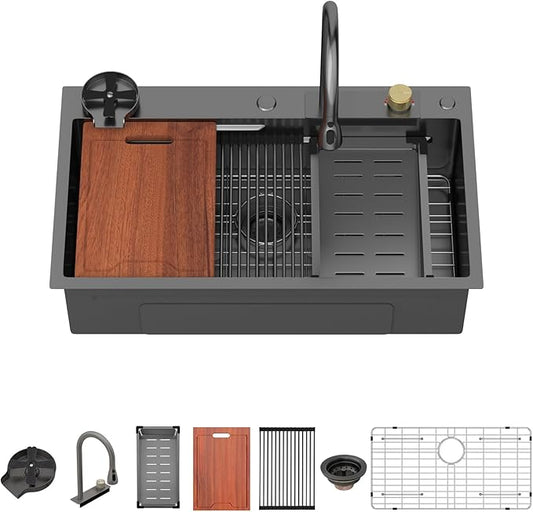 Lordear 33 Watefall Kitchen Sink Drop In - 33x19X9 Sink Stainless Steel 16 Gauge Single Bowl Multifunctional Workstation Sinks with Built-in Accessories,Glass Rinser and Faucet Included
