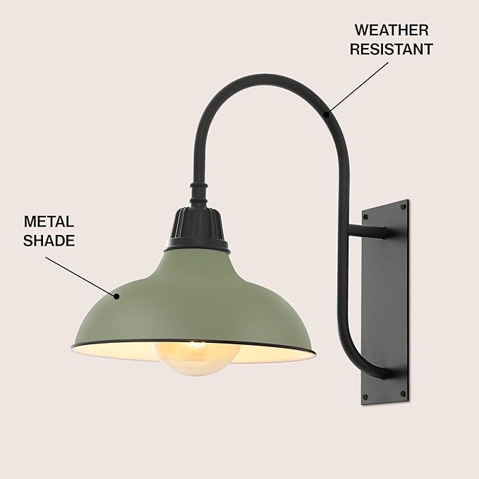 JONATHAN Y 12.25" Matte Olive Green/Black 1-Light Farmhouse Gooseneck Outdoor Wall Sconce Lamp, with Black Metal Bowl Shade, Industrial Iron LED Porch Light for Patio Garage Entryway (JYL7614I)