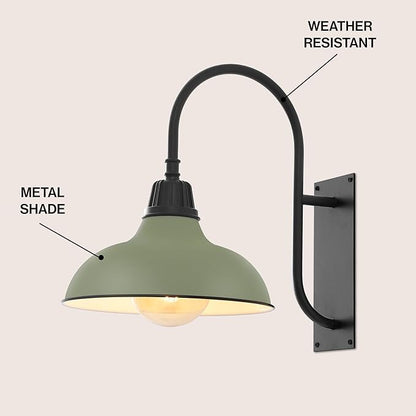 JONATHAN Y 12.25" Matte Olive Green/Black 1-Light Farmhouse Gooseneck Outdoor Wall Sconce Lamp, with Black Metal Bowl Shade, Industrial Iron LED Porch Light for Patio Garage Entryway (JYL7614I)
