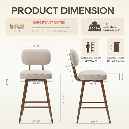MALOL 26“ Swivel Bar Stools Set of 4, Mid Century PU Leather Counter Height Bar Chairs with Low Back and Metal Legs, Modern Bar Stool Chair for Kitchen Island, Beige