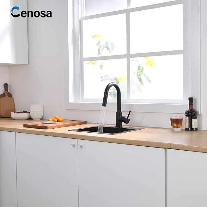 Cenosa Modern Bar Sink Faucet for Kitchen Sink Single Handle with Pull Out Sprayer Hot and Cold Prep Sink Faucet Matte Black