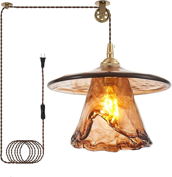YLONG-ZS Vintage Glass Hanging Pendant Light Plug in, Modern Gold Brass Pulley Hanging Ceiling Pendant Lights for Kitchen Island,Dining Room,Living Room,Bedroom,Corner, Hotel