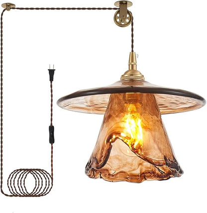 YLONG-ZS Vintage Glass Hanging Pendant Light Plug in, Modern Gold Brass Pulley Hanging Ceiling Pendant Lights for Kitchen Island,Dining Room,Living Room,Bedroom,Corner, Hotel