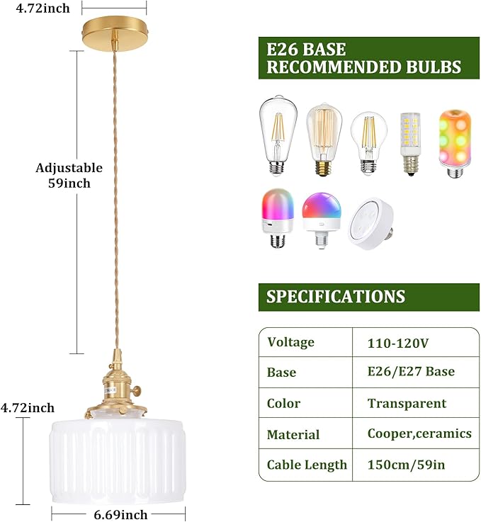 Shenmoyl Pendant Light 2 Pack with White Striped Glass Lmapshade, Brass Vintage Pendant Light Adjustable Hanging Light for Kitchen Island Dining Room Hallway
