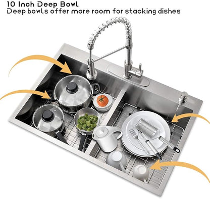 33 Inch Double Bowl Drop In Kitchen Sink-Bokaiya 33x22 Stainless Steel Drop-In Sink Kitchen Top Mount 16 Gauge Deep 50/50 Low-Divide Over Counter Double Bowl Kitchen Sink with Rack&Grid