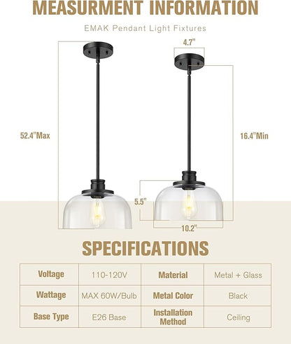 Emak 2 Pack Glass Pendant Light, Modern Farmhouse Black Pendant Lights Kitchen Island, 10 Inch Hanging Light Fixture for Kitchen Island, Dining Room, Bathroom, Bar, PL131-BK-CG-2PK