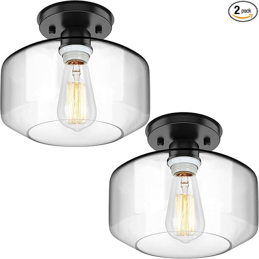 TOBUSA Semi Flush Mount Ceiling Light 2 Pack, Industrial Ceiling Light Fixture with Clear Glass Pendant Lamp Shade, Farmhouse Hallway Light Fixtures for Porch Kitchen Bedroom, E26 Bulbs Excluded