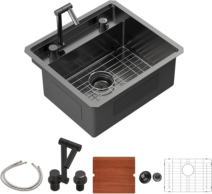 Sarlai Black Undermount Bar Sink - 21x19 Inch Outdoor Kitchen Sink RV Workstation Gunmetal Black 16 Gauge Stainless Steel Single Bowl Handmade Outdoor BBQ Sinks With Foldable Faucet