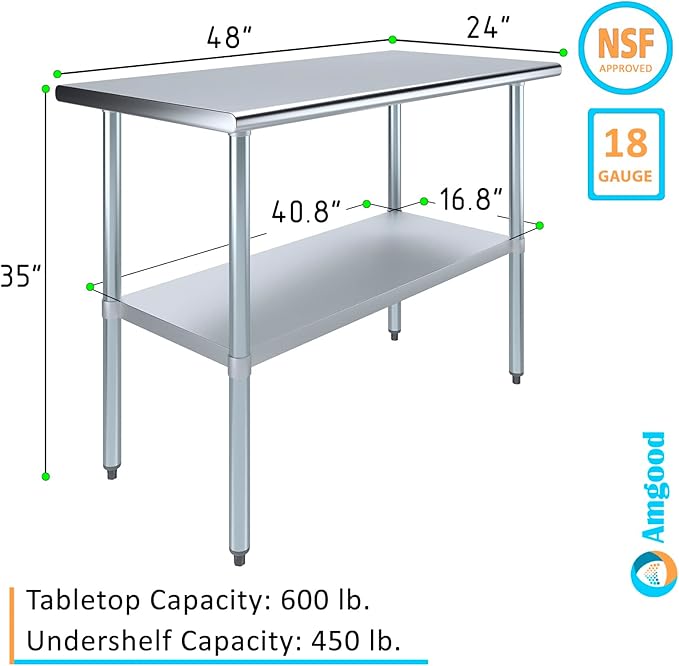 AmGood Stainless Steel Work Table with Undershelf | Kitchen Island Food Prep | Laundry Garage Utility Bench | NSF Certified (48" Long x 24" Deep)