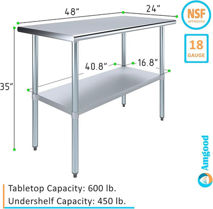 AmGood Stainless Steel Work Table with Undershelf | Kitchen Island Food Prep | Laundry Garage Utility Bench | NSF Certified (48" Long x 24" Deep)