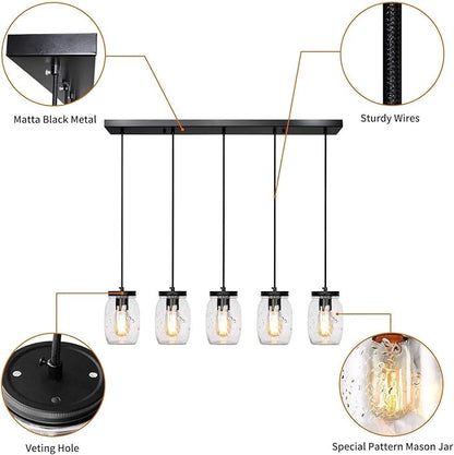 5-Light Glass Mason Jar Light Fixtures, Farmhouse Kitchen Island Pendant Lighting, Rustic Adjustable Height Jar Ceiling Lights for Over Sink, Dining Room, Foyer, Stairway, Hallway, Entryway, Porch