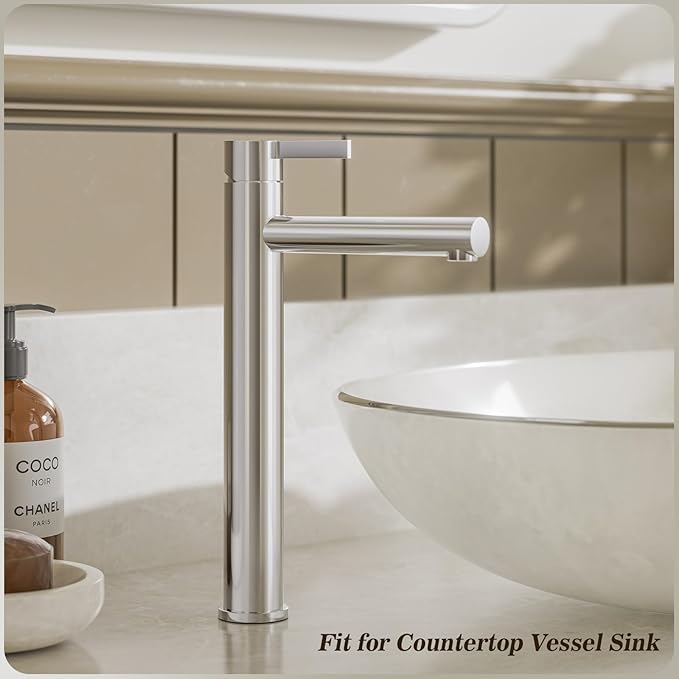 Phiestina Chrome 1 Hole Tall Bathroom Vessel Sink Faucet, Single Hole Single Handle High Bathroom Faucet, with Pop Up Drain and Water Supply Line,FH01-C-V