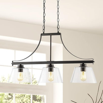 JONATHAN Y 36" Oil Rubbed Bronze 3-Light Iron and Glass Linear Pendant Light, Industrial Farmhouse Fixture for Kitchen Island Dining Room, UL Listed, LED Bulbs Included JYL7590A