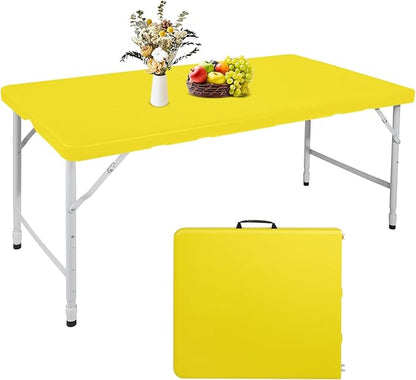 Portable 4Ft Adjustable Height Plastic Folding Table, Heavy Duty Fold-in-Half Table with Carrying Handle, Small Utility Foldable Table for Picnic Party Camping BBQ, Indoor/Outdoor (Yellow)
