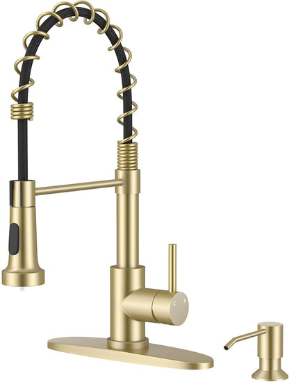 Arofa Kitchen Faucet with Pull Down Sprayer, Brushed Gold Kitchen Sink Faucet 1-3 Hole Single Handle High Arc Stainless Steel Commercial Modern Kitchen Faucets for RV/Laundry/Outdoor/Bathroom Sink