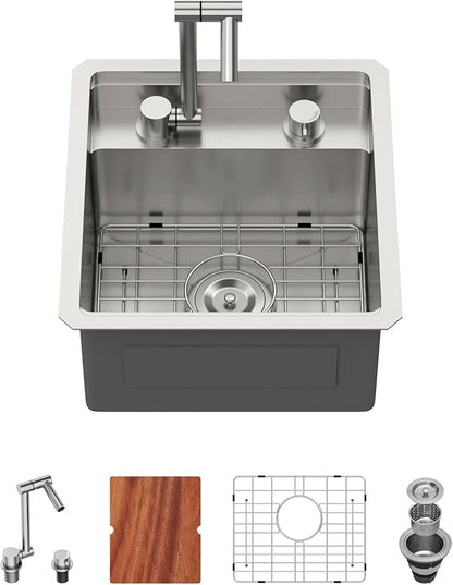 16 Inch Outdoor Kitchen Sink With Faucet and Cover - Beslend 16x17x9 Undermount Kitchen Bar Sink Workstation 16 Gauge Stainless Steel Single Bowl Small Sinks Under Counter Indoor Outdoor