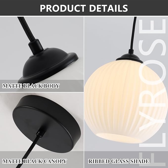 Contemporary Modern Pendant Lights Black Globe Pendant Lights Kitchen Island Vintage Milk White Glass Pendant Lighting Unique Ribbed Glass Ceiling Pendant Light (2 Pack)