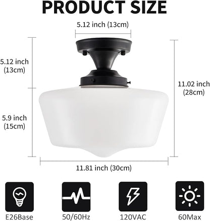 youngrender Black Schoolhouse Light Fixture, 12" Milk Glass Flush Mount Ceiling Light, Black Semi Flush Mount Ceiling Light for Farmhouse Kitchen Hallway Entryway