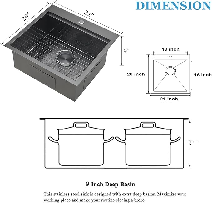 SHACO 21 Inch Black Drop In Kitchen Sink, 21x20 Inch Gunmetal Black Top Mount 16 Gauge Stainless Steel Single Bowl Workstation RV Small Kitchen Outdoor Laundry Wet Prep Sink with Accessories