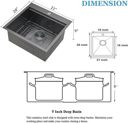 SHACO 21 Inch Black Drop In Kitchen Sink, 21x20 Inch Gunmetal Black Top Mount 16 Gauge Stainless Steel Single Bowl Workstation RV Small Kitchen Outdoor Laundry Wet Prep Sink with Accessories