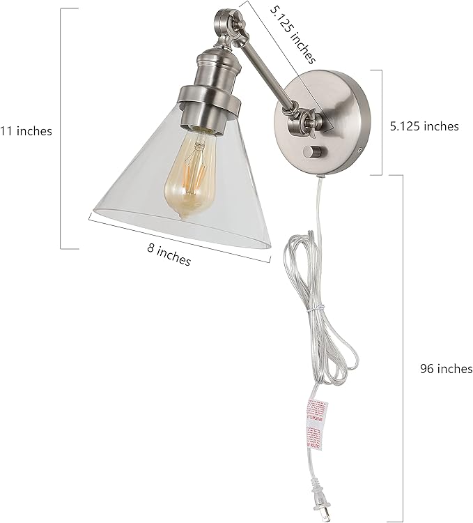 JONATHAN Y 8" Nickel Adjustable LED Wall Sconce, Plug-in Wall Lamp with Dimmer Switch, Clear Glass Shade for Bedroom Living Room Kitchen, LED Bulb Included (JYL7575B)