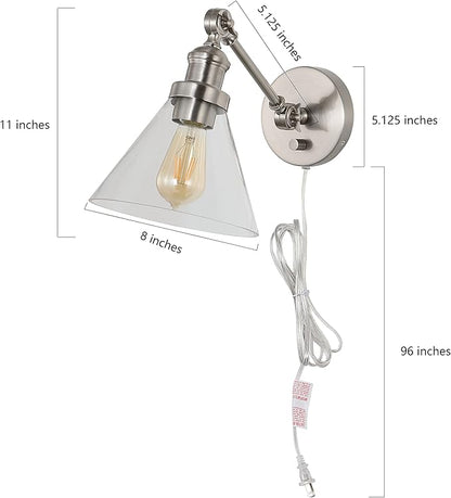 JONATHAN Y 8" Nickel Adjustable LED Wall Sconce, Plug-in Wall Lamp with Dimmer Switch, Clear Glass Shade for Bedroom Living Room Kitchen, LED Bulb Included (JYL7575B)