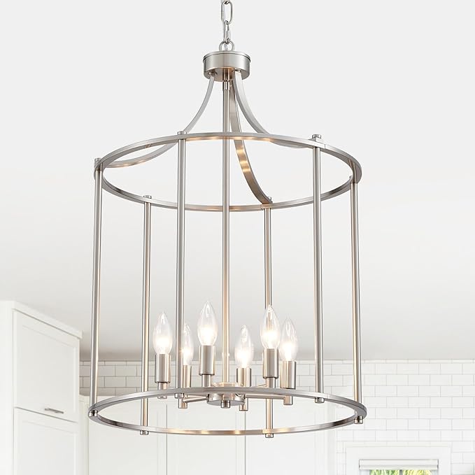 XINGQI 17.7" Brushed Nickel Chandeliers for Dining Room Cage 6-Light Hanging Lantern Pendant Lighting Fixture Metal Farmhouse Geometric Chandelier for Kitchen Island Entryway Living Room