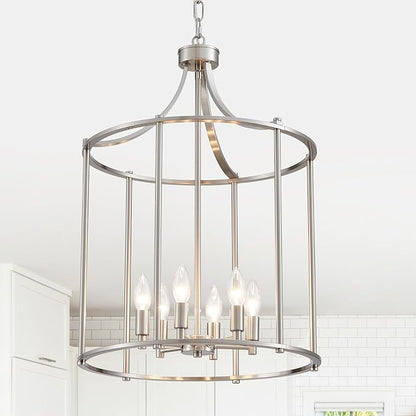 XINGQI 17.7" Brushed Nickel Chandeliers for Dining Room Cage 6-Light Hanging Lantern Pendant Lighting Fixture Metal Farmhouse Geometric Chandelier for Kitchen Island Entryway Living Room