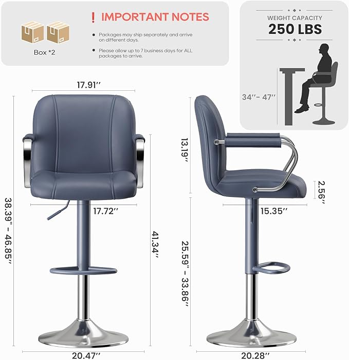 MALOL Set of 4 Blue Counter Height Stools with Backs – Adjustable Swivel High Chairs for Kitchen Island, Modern Bar Chairs, Taburetes para Barra de Cocina, Island Stools for Home Bar