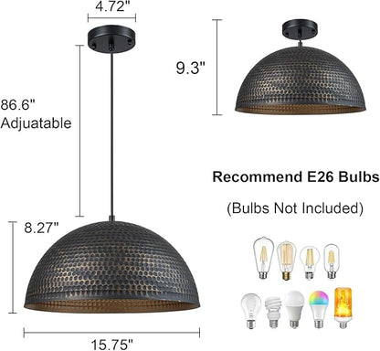 Lingkai 15.7 in. Black and Gold Hammered Pendant Light Fixtures, Industrial Metal Dome Shade, Pendant Lights Kitchen Island, Pendant Light for Kitchen Island and Dining Room