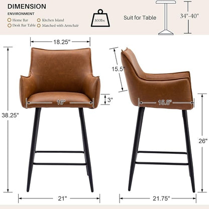 Brown Leather Counter Stools Set o f 2, Mid Century Modern Upholstered Kitchen Chairs with Arms and Black Metal Legs 26” Height Stools with Back for Dining Room Home Pub Faux Leather in Brown