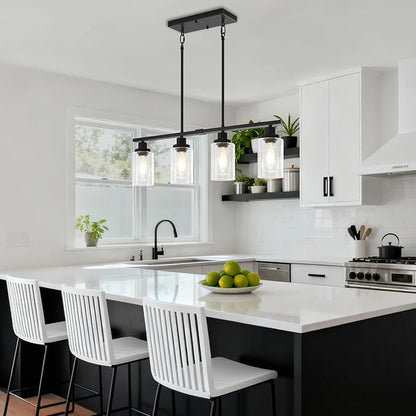 Modern Island Lights for Kitchen Black Dining Room Light Fixtures Over Table 4-Light Farmhouse Linear Chandelier Adjustable Hanging Kitchen Lights Ceiling Clear Glass Pendant Lighting Over Island