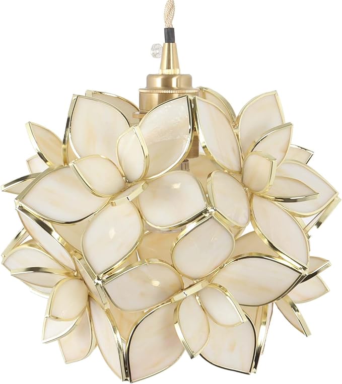 Bieye L11030 Petals Tiffany Style Stained Glass Ceiling Pendant Light for Home Decoration (Cream White, 8" Rose Lily)