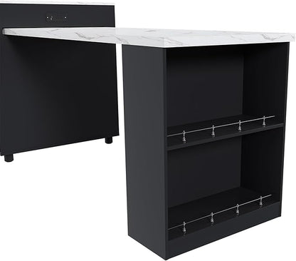 80-Inch Expandable Kitchen Island with Dining Table, Marble-Grain Countertop with Power Outlet, Mobile Storage Cart with Cabinet & 2 Drawers, Kitchen Prep Table, Black