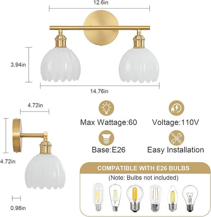 Gold Bathroom Light Fixtures Over Mirror, 2 Light Bathroom Vanity Light Fixture with Tulip Milk White Glass Lampshade, Vintage Vanity Lights for Bathroom, Bathroom Vanity Lights Over Mirror