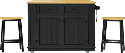 Ball & Cast Kitchen Island with 2 Bar Stools and Power Outlet,Rolling Kitchen Cart on 5 Wheels W/Drop Leaf&5 Open Side Racks,Kitchen Storage Cart W/Adjustable Shelf,for Kitchen,Dining Room,Black,48"