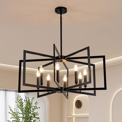Black Chandelier for Dining Room 8-Light Farmhouse Chandelier,Modern Geometric Industrial Meta Pendant Light Fixture Adjustable Height Hanging Lighting for Dining Room,Living Rooms,Villas,Entryway